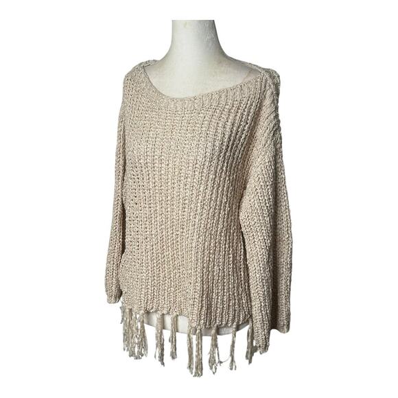 Altar’d State Cream Beige Knit Fringe Tassel Hem Long Sleeve Sweater Size Small - Picture 1 of 6